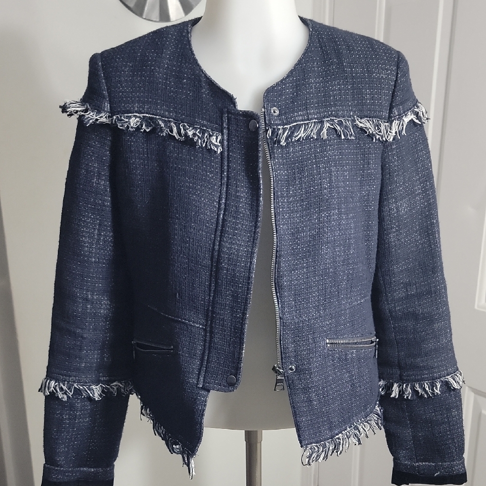 Banana Republic Women's Navy Fringed Full Zip Crop Jacket Size 4
